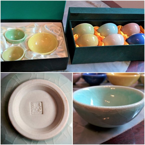 Sold~NEW Boxed Crackle Glaze Chinese Ceramic Tea Cups Total 9 pcs Seal Marks - Picture 1 of 8